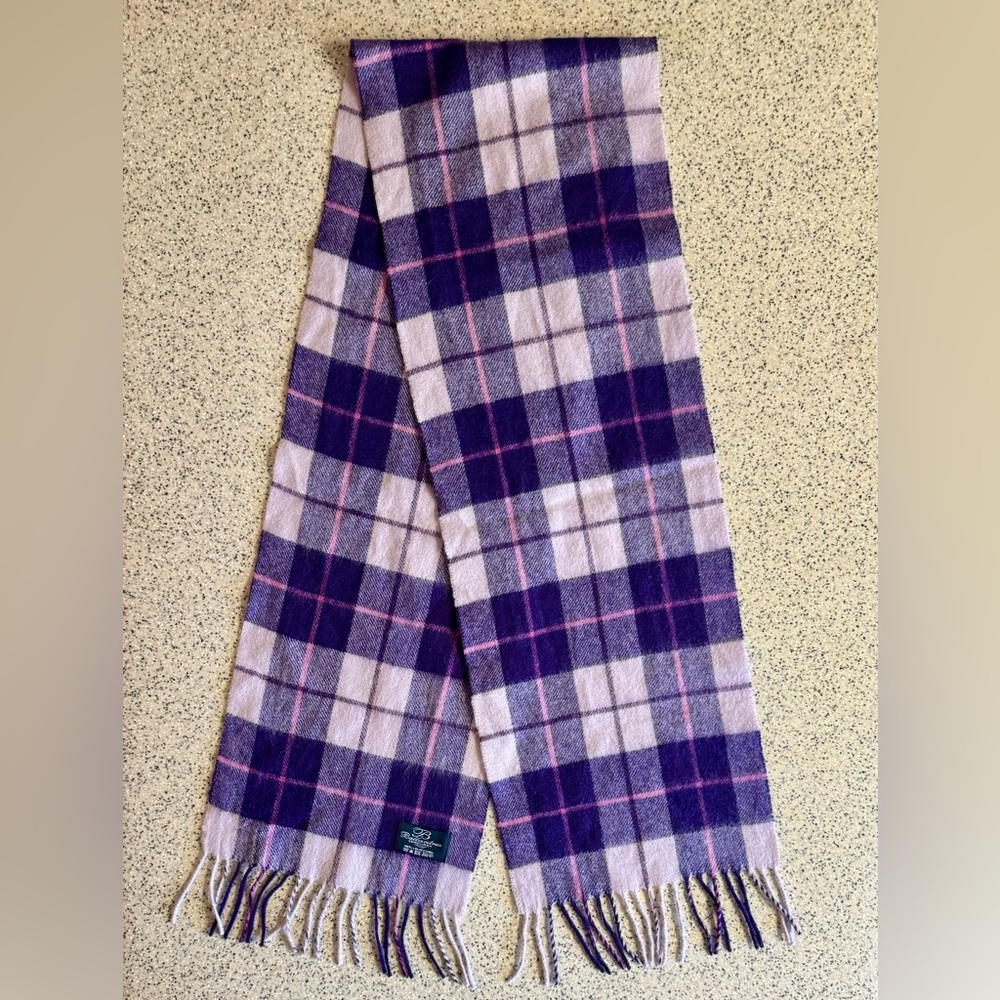 Ballantrae 100% Lambswool Purple+Pink tartan plaid fuzzy scarf.64”x 10”